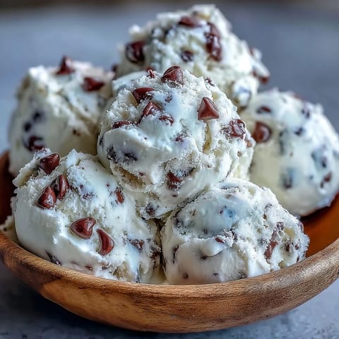 A spoon scoops chilled Greek Yogurt Cookie Dough dotted with mini chocolate chips from a glass bowl.