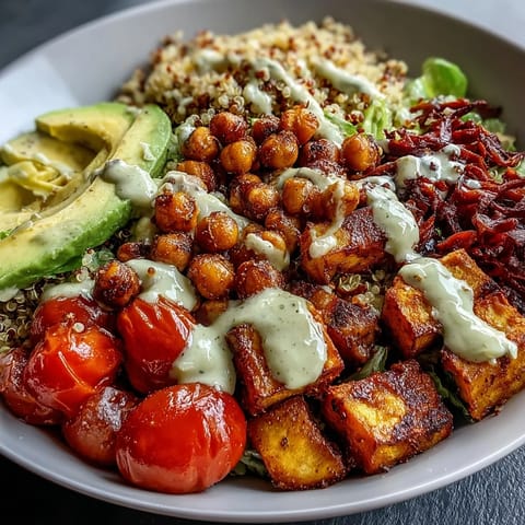 Close-up of a Buddha Bowl featuring fluffy quinoa, caramelized roasted sweet potatoes, and crunchy chickpeas topped with avocado.