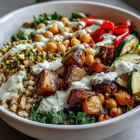 Fork-tender roasted eggplant and zucchini sit atop warm bulgur pilaf with pistachios and kale in this vibrant Mediterranean Buddha Bowl meal prep.