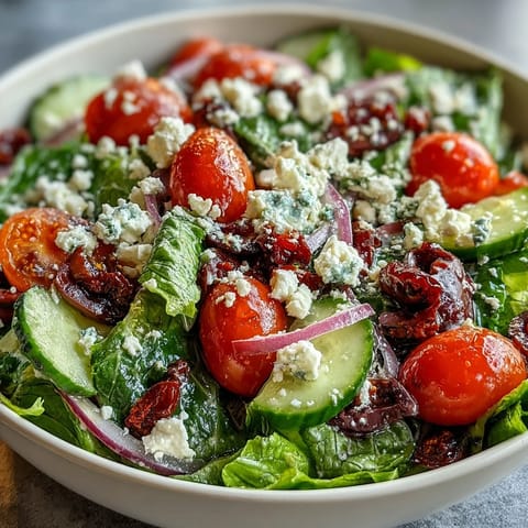 Fresh cherry tomatoes and crunchy cucumbers top this colorful Greek Salad Bowl, served alongside a tangy red wine dressing.