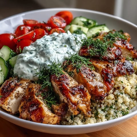Juicy lemon-herb grilled chicken slices rest on fluffy quinoa with crisp cucumber and cherry tomatoes in a Greek Chicken Power Bowl, ready for a creamy tzatziki topping.