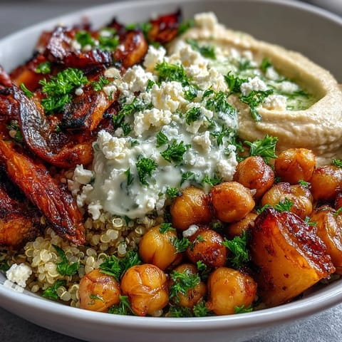 Golden roasted vegetables, fluffy quinoa, and creamy hummus create a vibrant Mediterranean Buddha Bowl, topped with crumbled feta and olives.  