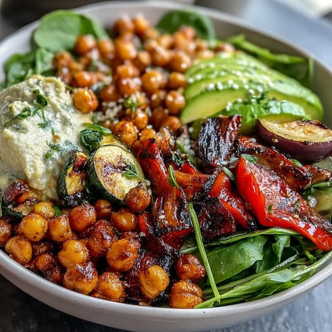 A nourishing Vegan Mediterranean Buddha Bowl topped with avocado, olives, and tahini drizzle.