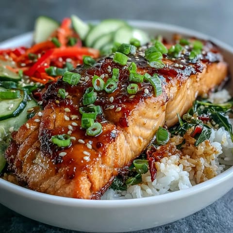 Flaky soy-ginger glazed salmon rests on fluffy rice with colorful julienned vegetables and sesame seeds in this vibrant Asian-Inspired Salmon Bowl.  