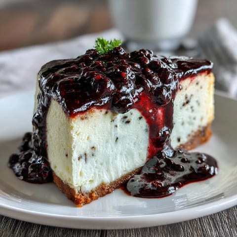 A warm pot of Black Currant Sauce simmering on the stove, vibrant and tangy, ready to spoon over cheesecake.