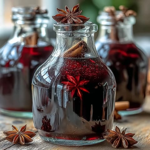 Homemade Spiced Blackcurrant Vodka Liqueur rests in a glass jar, its deep purple hue infused with cinnamon sticks, cloves, and lemon zest for winter warmth.