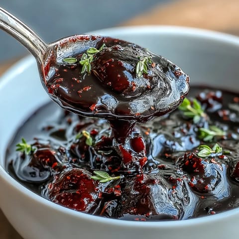 A spoon dips into vibrant Black Currant Glaze, highlighting its sticky, sweet-tart finish for roasted meats.