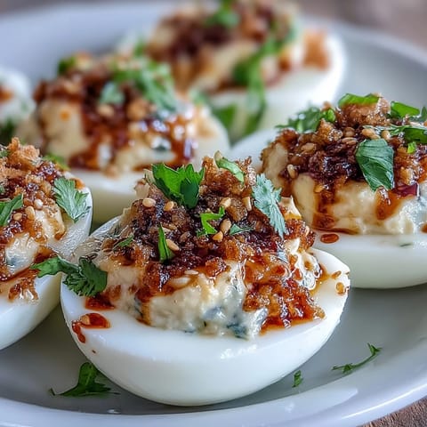 A close-up of Spicy Chili Garlic Deviled Eggs, with creamy yellow filling and a glossy red chili oil drizzle on top.