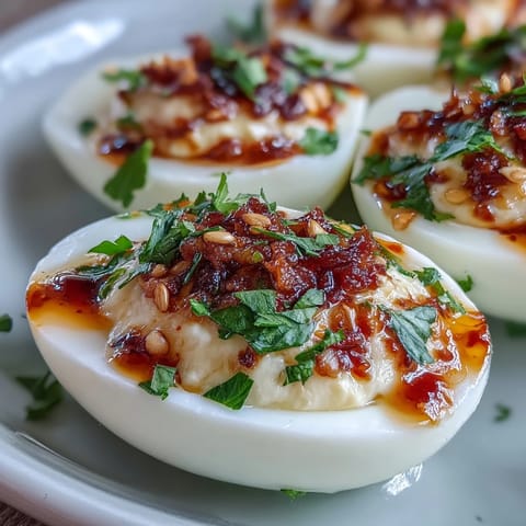 A platter of Spicy Chili Garlic Deviled Eggs garnished with fresh cilantro, served as a savory appetizer for a party.