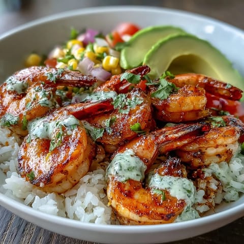 Golden grilled shrimp and bright avocado garnish a Grilled Shrimp Bowl, featuring zesty corn salsa and a rich garlic sauce over a bed of steaming rice.
