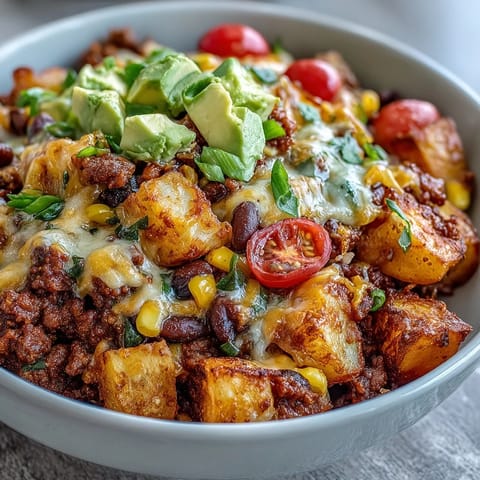 Crispy roasted russet potatoes topped with seasoned ground beef, black beans, corn, and melted cheddar cheese in a hearty taco bowl.  