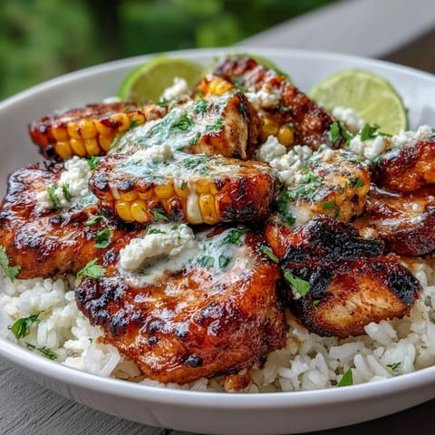 Assembled Street Corn Chicken Rice Bowl garnished with fresh cilantro, Cotija cheese, avocado slices, and lime wedges.
