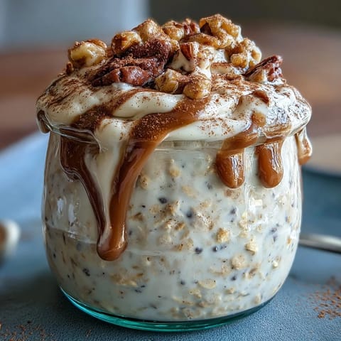 Close-up of High-Protein Cinnamon Roll Overnight Oats in a glass jar, showing creamy oats and a rich cream cheese drizzle.