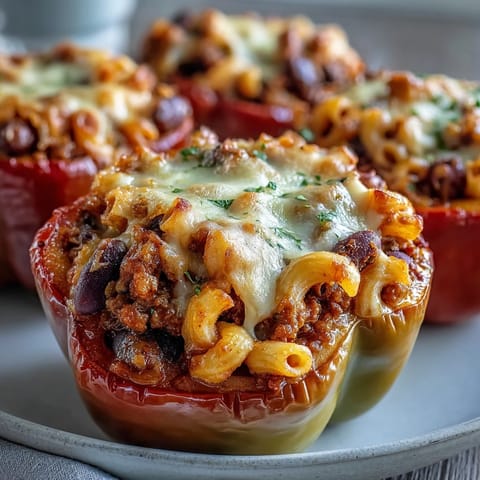 Baked Chili Mac Stuffed Peppers with a golden crust, served fresh with cilantro and green onions