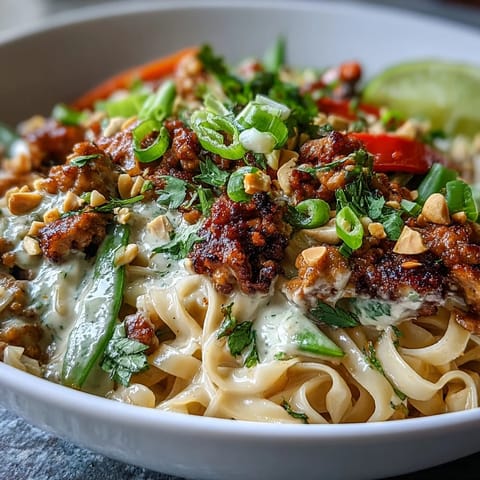 Golden-brown chicken and crisp vegetables sauté with wide noodles for this Creamy Thai-Inspired Peanut Noodle Bowl.