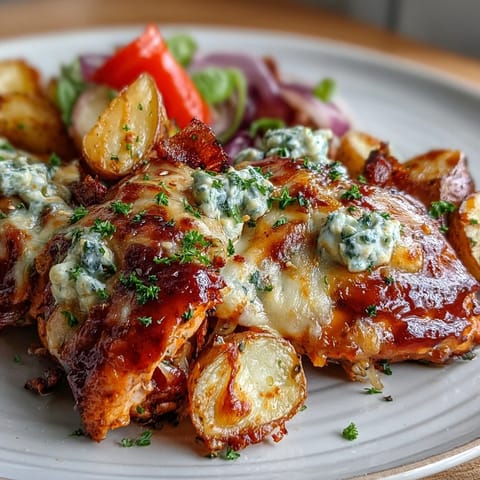 Roasted Buffalo Ranch Chicken Potato Bake topped with melted cheddar, fresh chives, and a ranch drizzle.