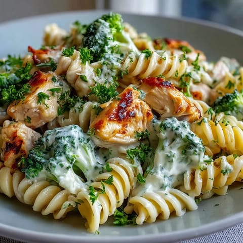 Golden Garlic Parmesan Broccoli & Chicken Pasta twirled on a fork with creamy sauce and bright green broccoli.