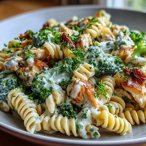 Skillet of Garlic Parmesan Broccoli & Chicken Pasta next to a rustic bread slice, steam rising.