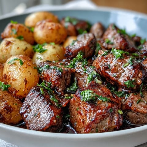 Sizzling garlic butter steak and potato skillet with crispy golden potatoes and tender beef cubes served hot.
