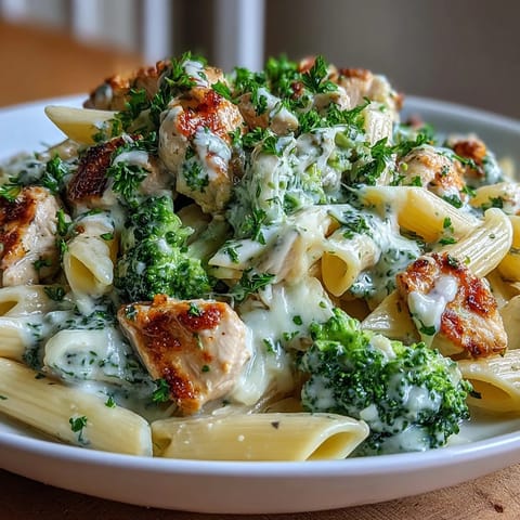 Steam rises from a hearty skillet of Garlic Parmesan Broccoli & Chicken Pasta, garnished with parsley and freshly grated Parmesan.