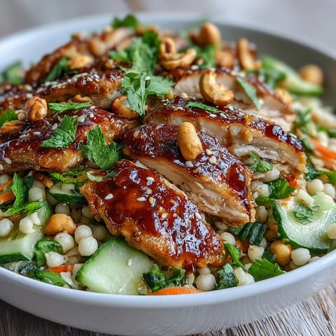 Tender sliced chicken breast rests atop pearl couscous with cucumber, carrots, and edamame in this Sesame Ginger Chicken Couscous Bowls.
