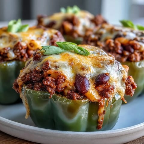 Golden baked Baked Chili Mac Stuffed Peppers sit in a baking dish, steam rising from the cheesy, savory filling.