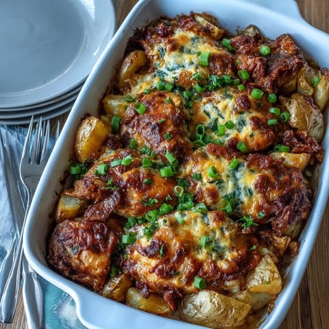 Juicy Buffalo Ranch Chicken Potato Bake plated with celery sticks and ranch dressing for a complete meal.