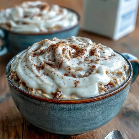 Creamy overnight oats featuring the High-Protein Cinnamon Roll recipe with a sweet cream cheese drizzle and a sprinkle of cinnamon.