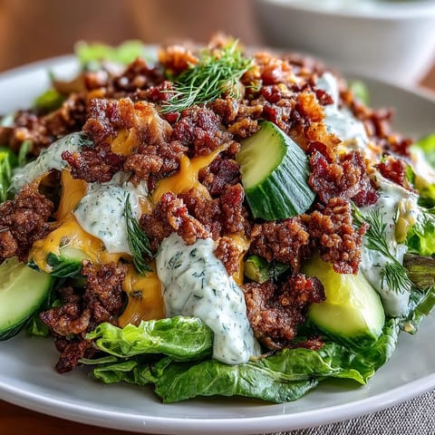 Keto Bacon Cheeseburger Salad with Avocado and Pickles featuring crisp lettuce, savory ground beef, and creamy avocado slices topped with melted cheddar.
