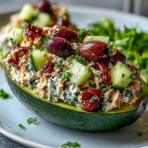 Fresh and flavorful, this Mediterranean tuna salad stuffed avocado features a colorful mix of cucumber, roasted peppers, and herbs in ripe avocado boats.