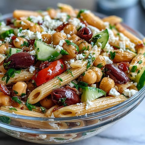 Mediterranean Chickpea Pasta Salad with Cucumber and Olives, featuring vibrant vegetables, feta cheese, and a zesty lemon-herb dressing.  