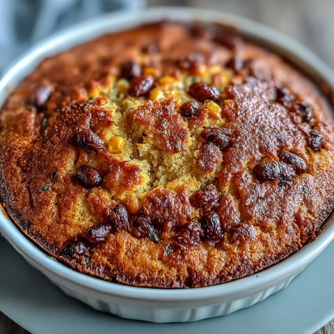 Flavorful black bean taco filling topped with fluffy cornbread crust, served hot from the oven.  