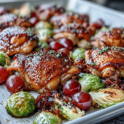 A vibrant sheet pan meal of balsamic-glazed chicken, caramelized Brussels sprouts, and tender roasted grapes served straight from the oven.  
