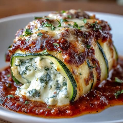 Tender zucchini strips rolled with herbed ricotta, nestled in rich sugar-free marinara sauce, perfect for a low-carb Italian dinner.  