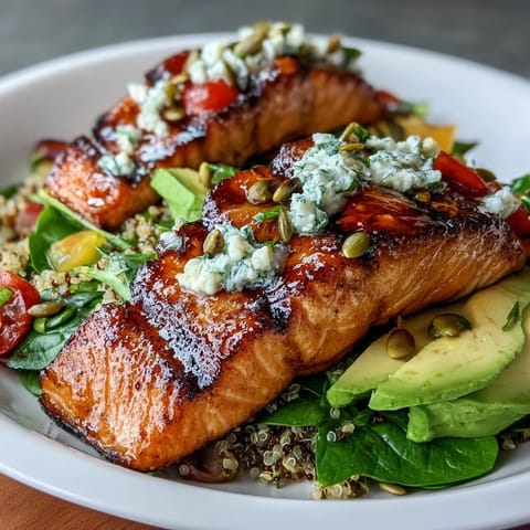 Nutritious bowl featuring grilled salmon, creamy avocado, and quinoa topped with fresh greens and zesty citrus dressing.  