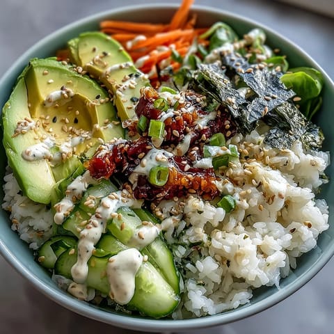 Seaweed Snack Sushi Bowl with avocado, cucumber, and spicy mayo, served over seasoned sushi rice for a fresh and flavorful meal.
