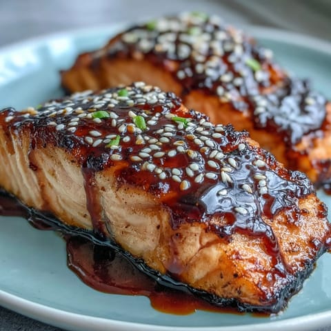 Succulent salmon brushed with homemade teriyaki glaze, garnished with sesame seeds and green onions for a vibrant Japanese-inspired dish.  