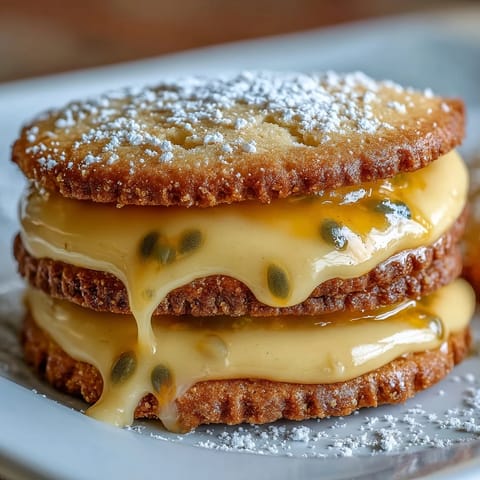 Vibrant passionfruit curd nestled between delicate sugar cookies, offering a bright citrus twist.  