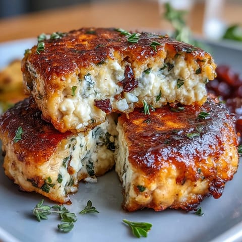 Juicy chicken patties infused with sun-dried tomatoes, feta cheese, and parsley, served with sliced cucumbers and fresh herbs.  