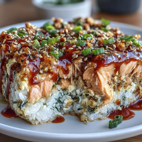 A creamy, baked salmon sushi casserole with imitation crab, Sriracha mayo, and furikake seasoning, perfect for family dinners.