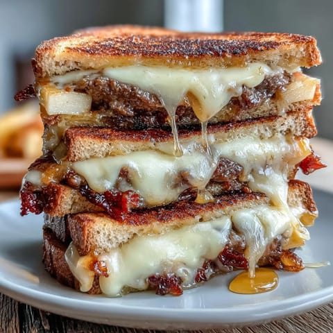 Hot Honey Apple Cheddar Beef Bacon Grilled Cheese with crispy beef bacon and tangy apples between melted cheddar on golden sourdough bread.  