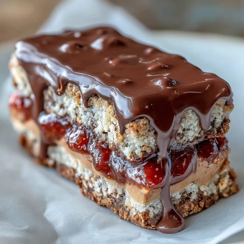 Chocolate-dipped strawberry oat bars with a chewy oat base and sweet jam layer, drizzled in rich dark chocolate.