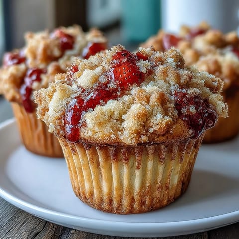 Fluffy strawberry sourdough muffins with a crunchy streusel topping, baked golden brown and ready to enjoy warm.  