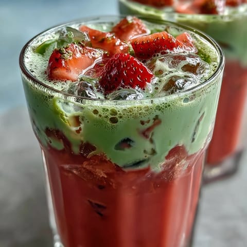 Refreshing strawberry matcha iced latte with creamy oat milk, vibrant red strawberry puree layered beneath earthy green matcha for a stunning, vegan-friendly drink.