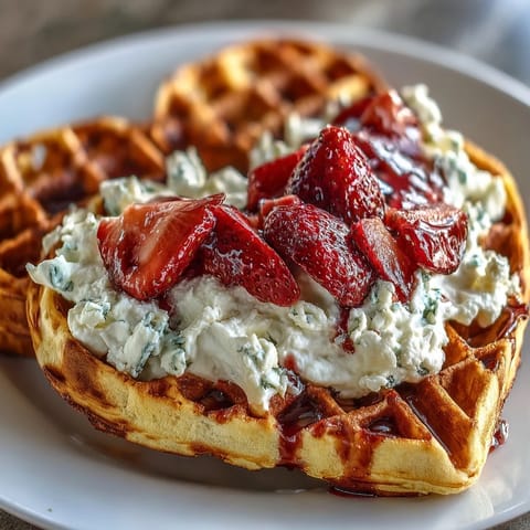 Golden waffles paired with a smooth, protein-rich cottage cheese topping and juicy strawberries for a delicious and wholesome morning treat.  