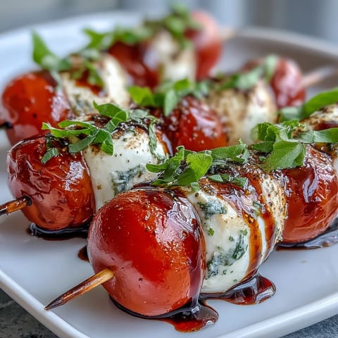Fresh cherry tomato, mozzarella, and basil skewers drizzled with sweet balsamic glaze, ideal for picnics and summer gatherings.