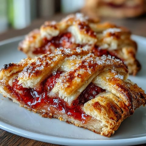 Golden strawberry hand pies with lattice tops, baked to flaky perfection and sprinkled with coarse sugar for a picnic-ready dessert.  