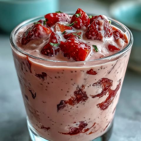 A vibrant strawberry banana protein smoothie with chia seeds, creamy and refreshing for a healthy breakfast boost.