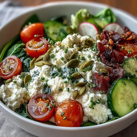 Savory cottage cheese breakfast bowl with crisp veggies, fresh herbs, and olive oil, garnished with toasted pumpkin seeds for crunch.