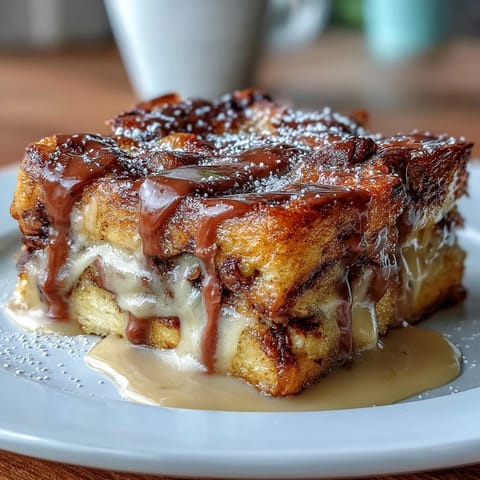 Warm chocolate croissant bread pudding with golden, custard-soaked croissants and melty chocolate chips, perfect for a decadent brunch.